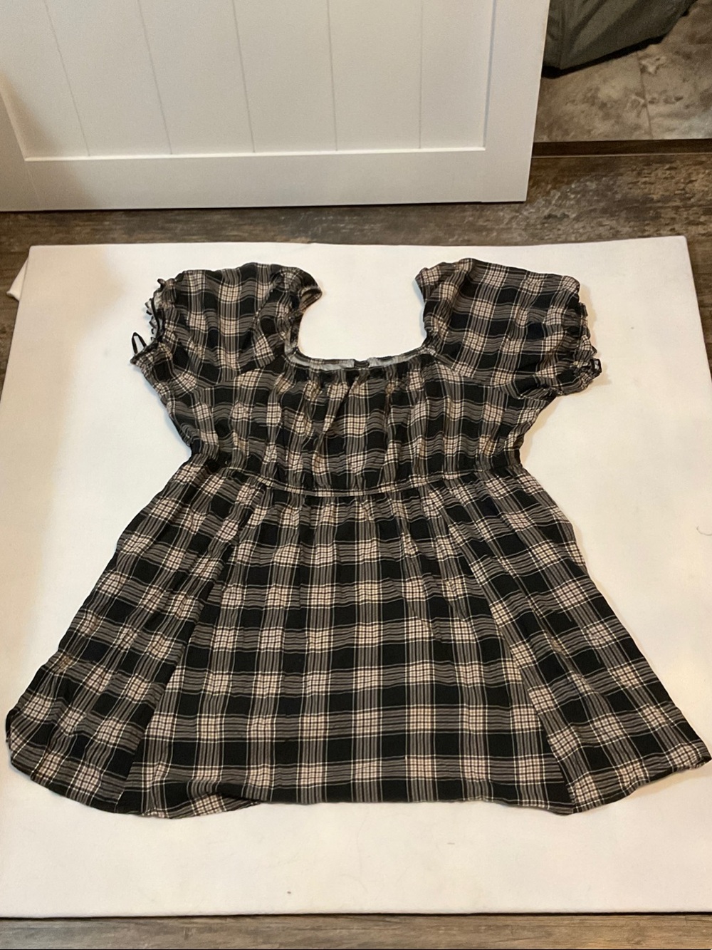 torrid Black and Cream Plaid Puff Sleeve Babydoll Dress